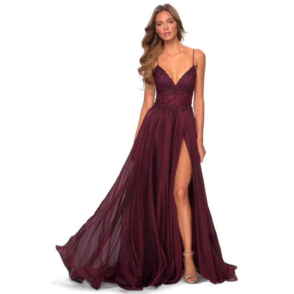 La Femme Burgundy Lace Bodice Chiffon Prom Gown with High Slit